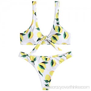 ZAFUL Women's Lemon Print Tie Knot Front Padded Two Piece Bikini Set Swimsuit White B07DC4HXZT